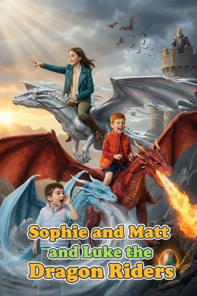 Sophie, Matt and Luke the Dragon Riders — a personalized book cover starring three siblings